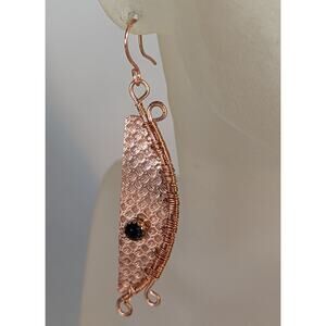 Wire woven copper earrings onyx bezel setTextured 3" x 5/8"signed OOAK Handmade